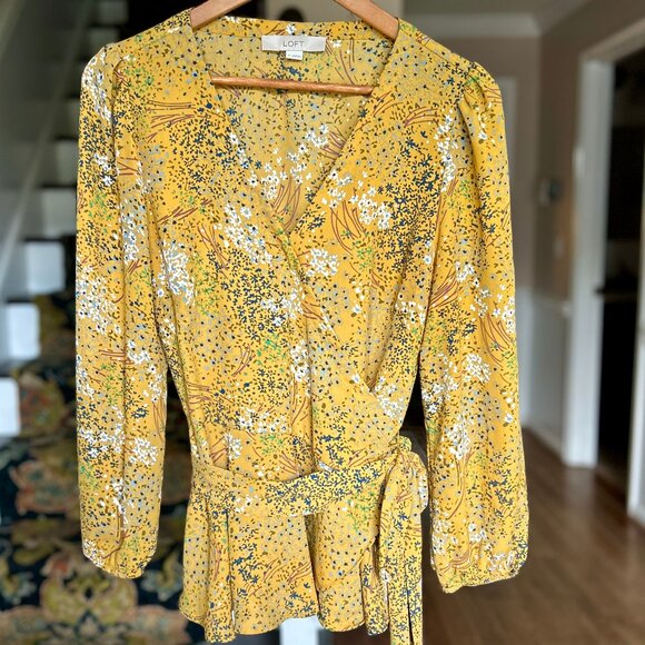 LOFT Harvest Yellow Floral Belted Wrap Blouse V Neck Long Sleeve Womens Size Med - Picture 2 of 11